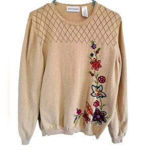 Vintage Alfred Dunner Tan Sweater Long Sleeve Pullover-Embroidered Flowers-L…
